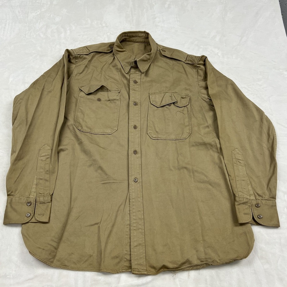 Vintage Military Button Down Shirt Mens 17 35 Khaki Tan Epaulets Twill Utility